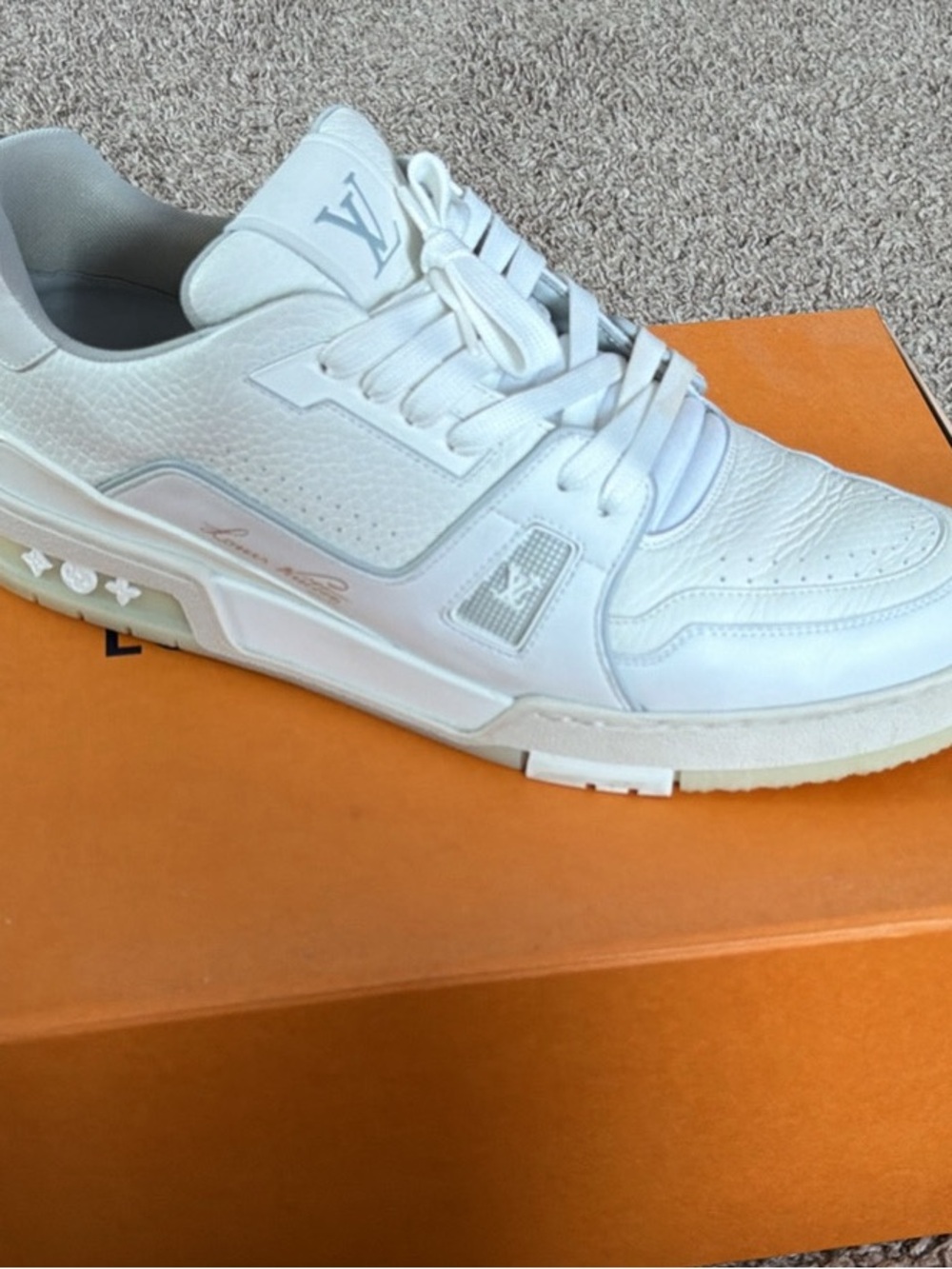 Louis Vuitton Men’s White Leather Low-Top Sneaker with Subtle Gray Accents